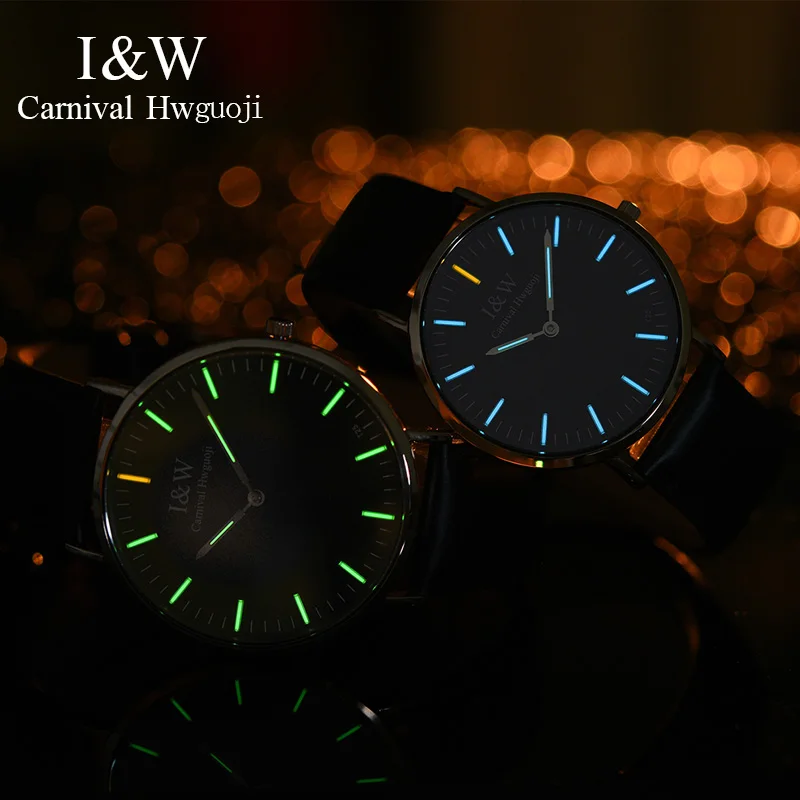 Карнавал ультра-тонкий Тритий кварцевые часы мужские кожаный ремешок Топ бренд класса люкс водонепроницаемые часы в простом стиле reloj hombre
