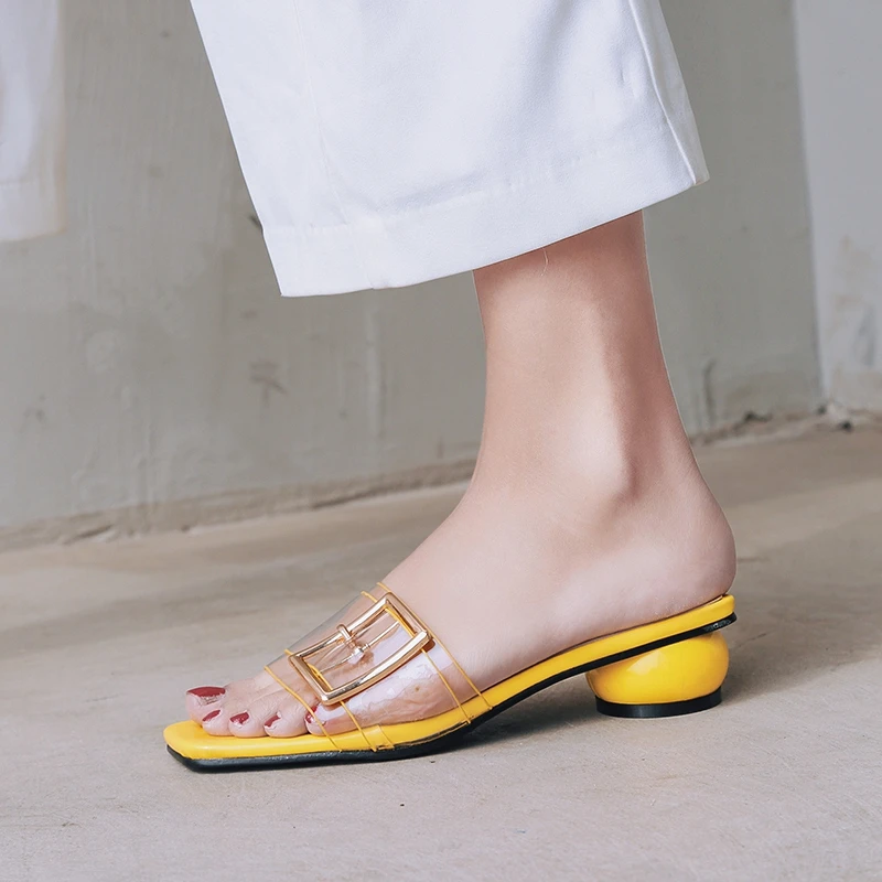 

ASILETO Buckle Summer shoes women mules genuine Pig leather insole Transparent PVC strange ball heels slippers slides pantoufle