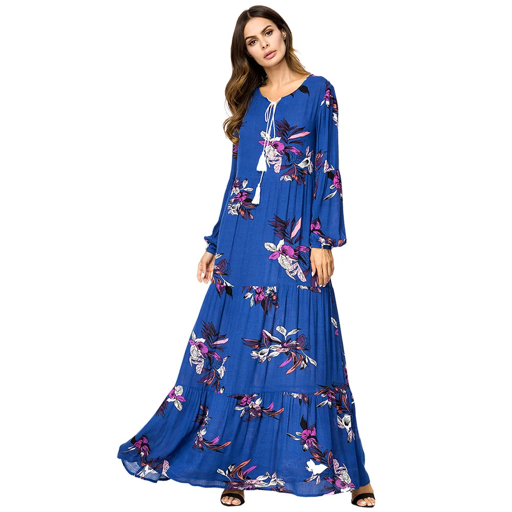 

Bohemia Maxi Islamic Dresss Flowers Tassel Long Sleeves Pretty Robe Long Musilm Moroccan Kaftan 7196