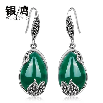 

925 silver women jewelry natural green onyx Teardrop silversmith old handmade red retro female Earrings girlfriend gift