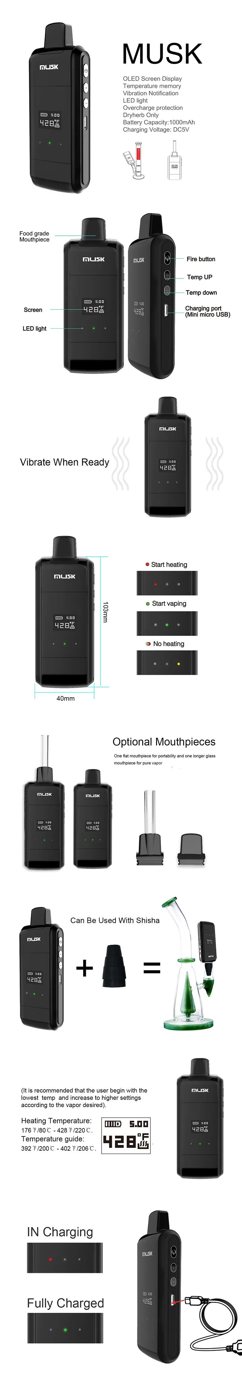 Мускусный сухой вапоризатор 1000 мАч батарея Vape ручка электронная сигарета TC травяной комплект USB зарядка мод комплект OLED дисплей