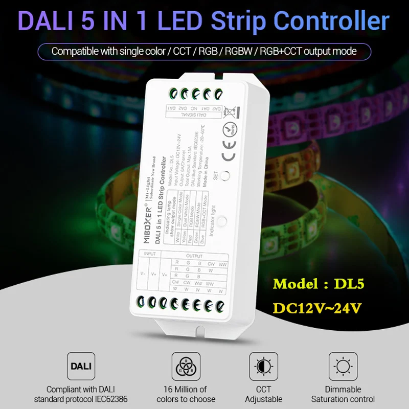 MiBOXER(milight)DL5 DALI 5 IN 1 LED Strip Controller 12~24V dimmer,Common anode Connection,Compatible with DALI Panel/DL-POW1