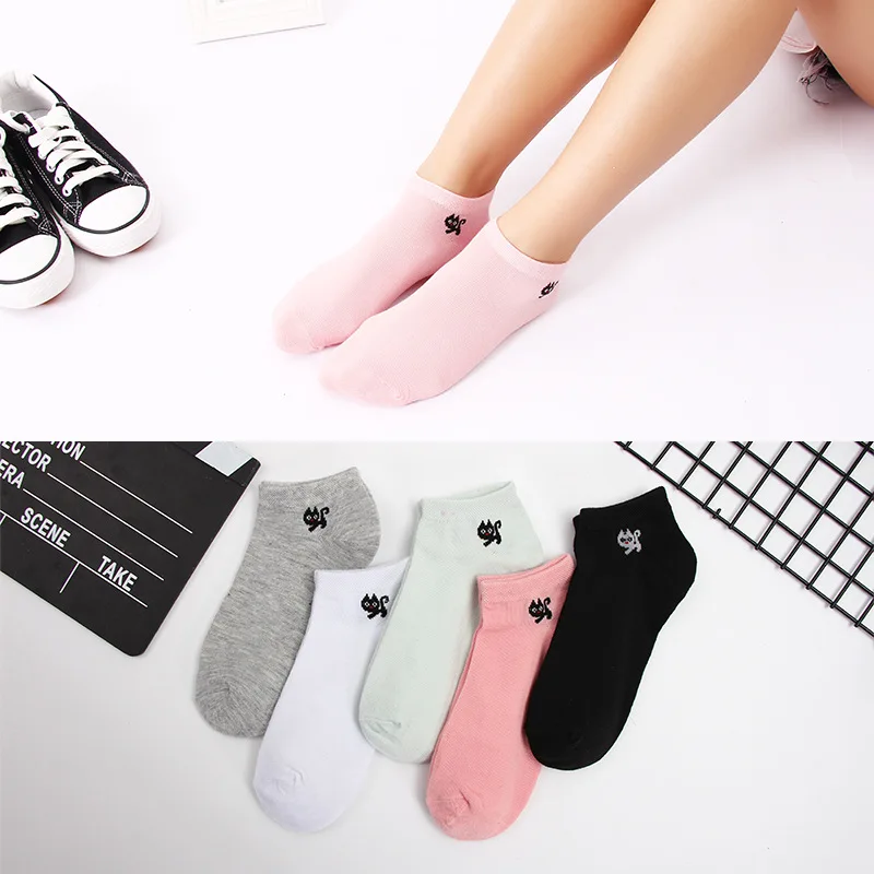 

New Casual Ladies Boat Socks Cartoon Japanese Cat Cute Socks Solid Color Student Socks
