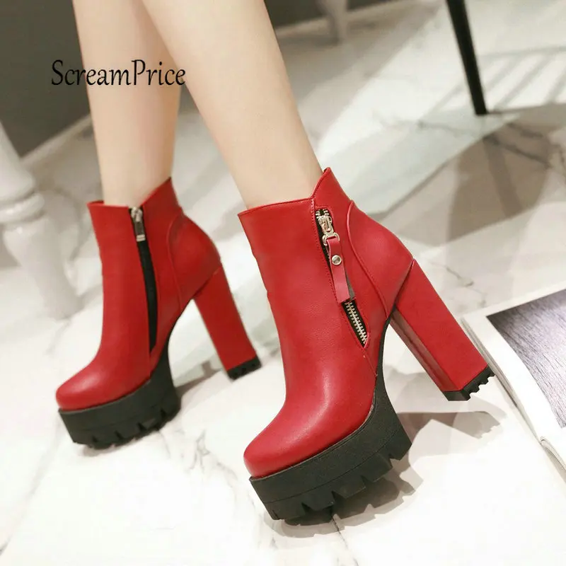 

Women Thick High Heel Ankle Boots Platform Side Zipper Spring Fall Fashion Ladies Shoes Brown Wine Red Black