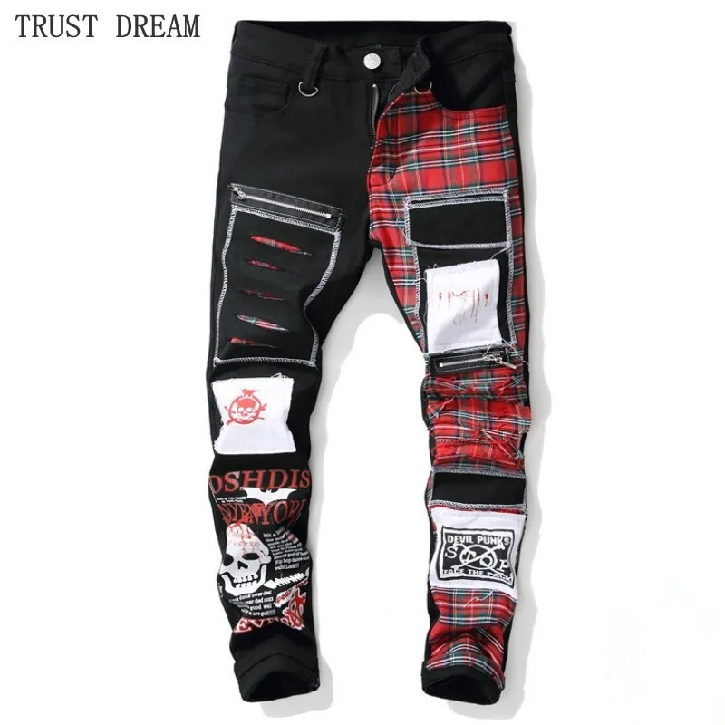 

Europeans Style Man Skull Printed Jeans Scottish Plaid Patchwork Men's Fashion Patches Black Ripped Distressed Male Denim Pants