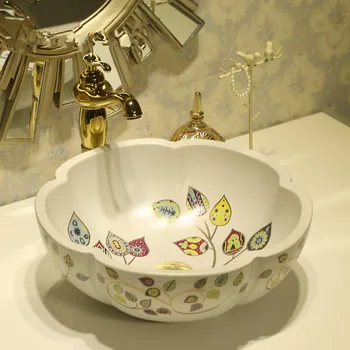 

Europe style chinese Jingdezhen Art Counter Top ceramic porcelain wash basin flower shape bathroom basin sinks