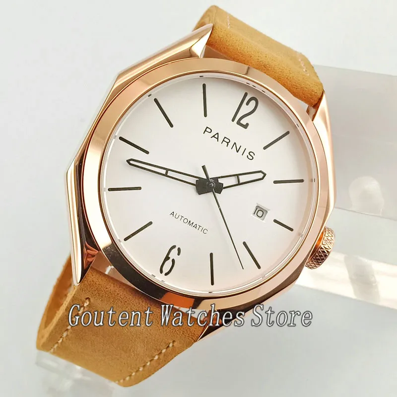 

43mm Parnis White Dial Brown Leather Band Rose Gold Case Automatic Men's Watch 2773
