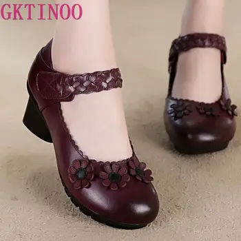 2020 Spring High Heels Women Genuine Leather Work Shoes Woman Thick Heels Pumps Casual Women Shoes 2018 women shoes black work super high heels shoes woman sweet bow single shoes big size 32 43 46 47 leather shoes red bottom