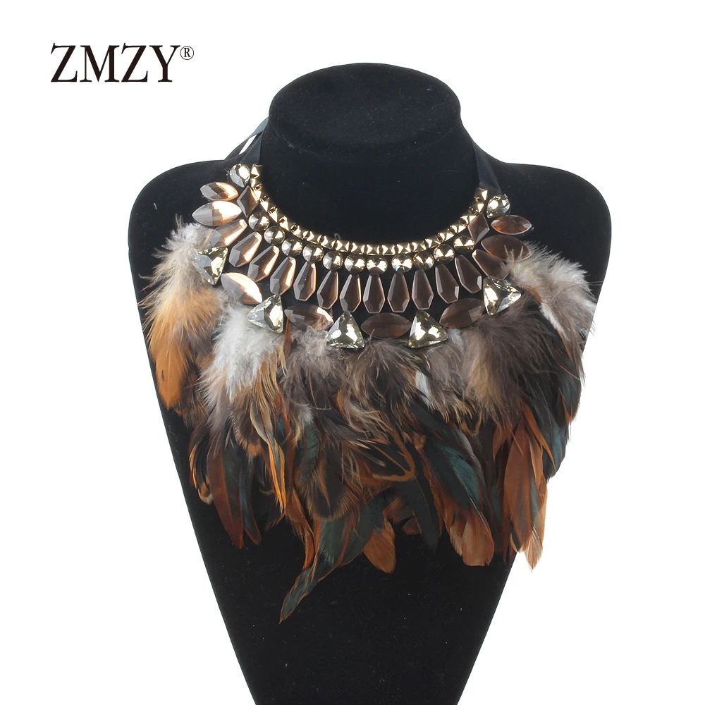 ZMZY роскошное эффектное ожерелье с перьями с кольцом Femme Boho модное винтажное Макси хрустальное ожерелье в виде капли