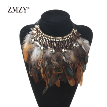 

ZMZY Luxury Statement Feather Necklace With Collier Femme Boho Fashion Vintage Maxi Drop Crystal Necklace
