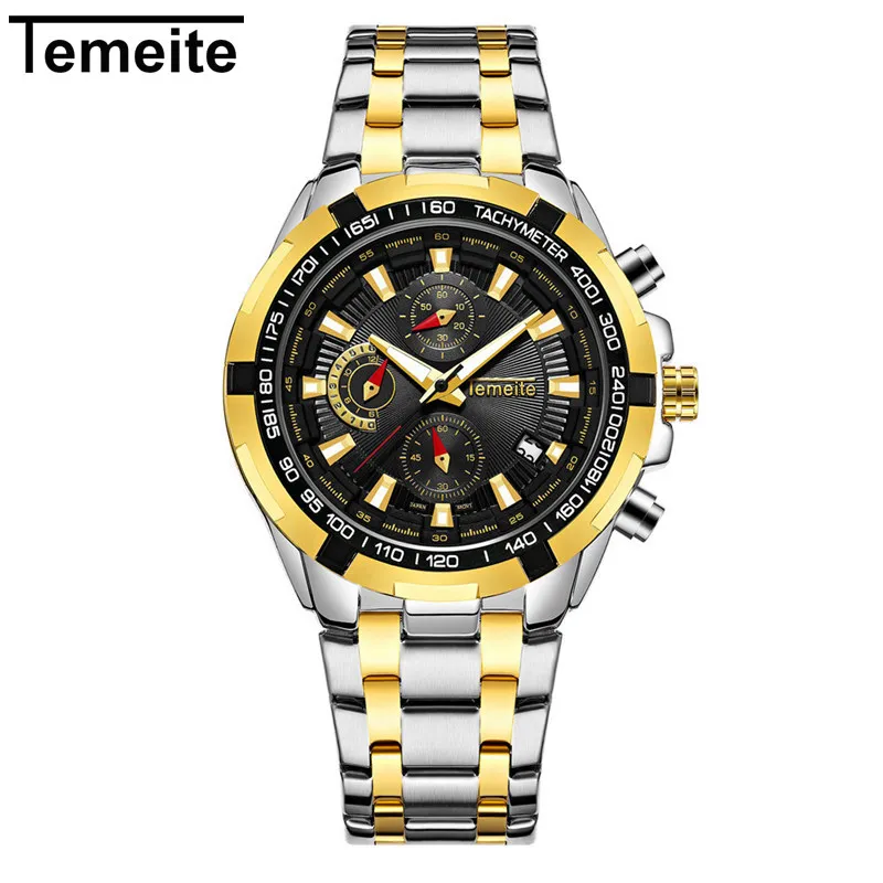 TEMEITE Топ люксовый бренд наручные часы для мужчин Спорт на открытом воздухе для мужчин s кварцевые водонепроницаемый светящийся хронограф мужские часы Relogio Masculino - Цвет: silver gold black