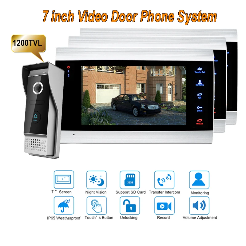 

New 7 inch 1200TVL Video Intercom System Door Phone Doorbell With IP65 wide Angle 110 degree Camera DoorPhone 1V3