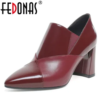 

FEDONAS Women Genuine Leather Slip-on Pumps Spring Summer Elegant Pointed Toe High Heels Shoes Woman Female New Prom Pumps Shoes