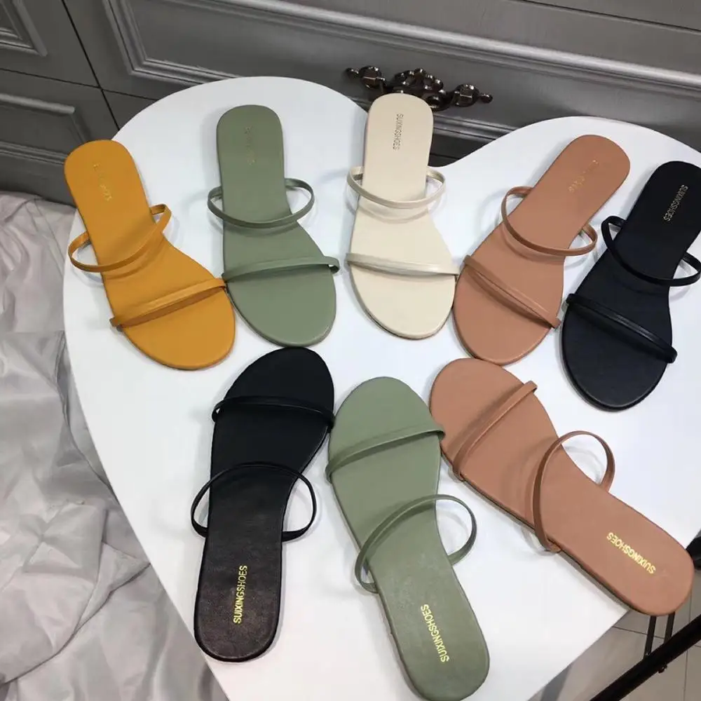 

famous designer double narrow band flip flops women flat heel beach slippers ladies casual slides non-slip mules muiltjes y879