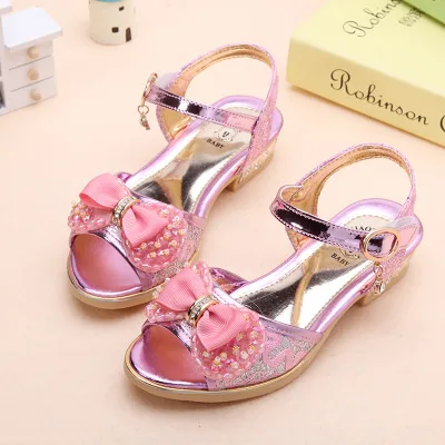 Детские летние кружевные сандалии на высоком каблуке розового и золотого цвета для девочек-подростков, школьная обувь с открытым носком, обувь для принцессы сандалии, новинка - Цвет: pink