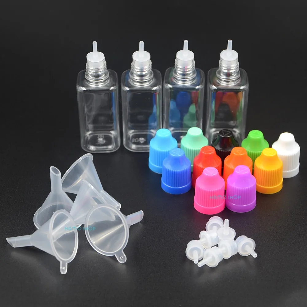 

1Set 30ml Mix 11 Colors PET Plastic Square Eye Liquid Long Thin Dropper Bottle Childproof Cap + Plastic Small Funnel