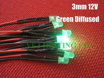

High bright Green Diffused 3mm Green dip led Pre Wired led DC12V 20mm cable led prewired leds