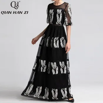 

Qian Han Zi newest Designer Runway Maxi Dress Women Half Sleeve Mesh Embroidered Hollow Out Lace Vintage black party Long Dress