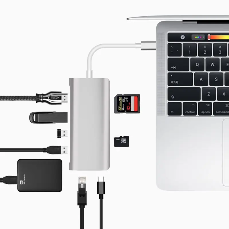  8 In 1 Multifunctional Aluminum Alloy Docking Station Type C to HDMI+3 Ports USB 3.0 SD/TF Card Rea