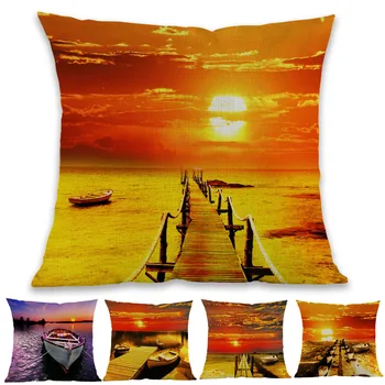 

Oil Painting Style Yellow Sunset Dusk Seaside Landscape Boat Bridge Throw Pillow Case Home Gallery Decoration Sofa Cushion Cover