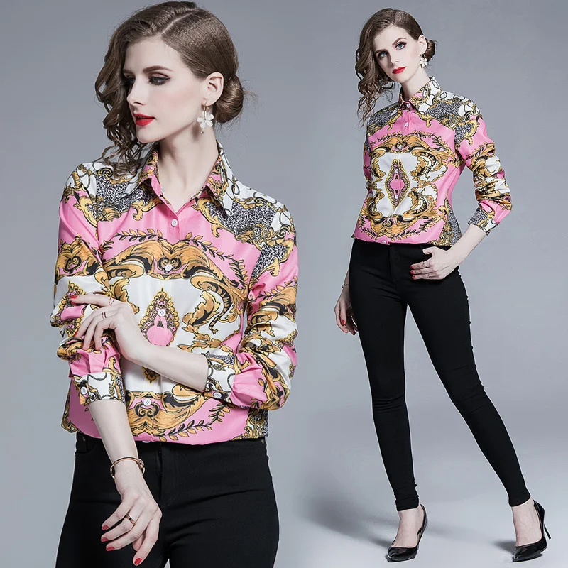 

Wholesale 2019 Spring Summer Fall Runway Floral Print Collar Long Sleeve OL Turn-Down Neck Womens Party Casual Top Shirts Blouse