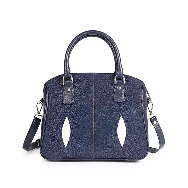 

Fashion Navyblue Genuine Pearl Fish Skin Leather Women's Shell Purse Zipper Closure Lady Shoulder Messenger Bag Female Handbag