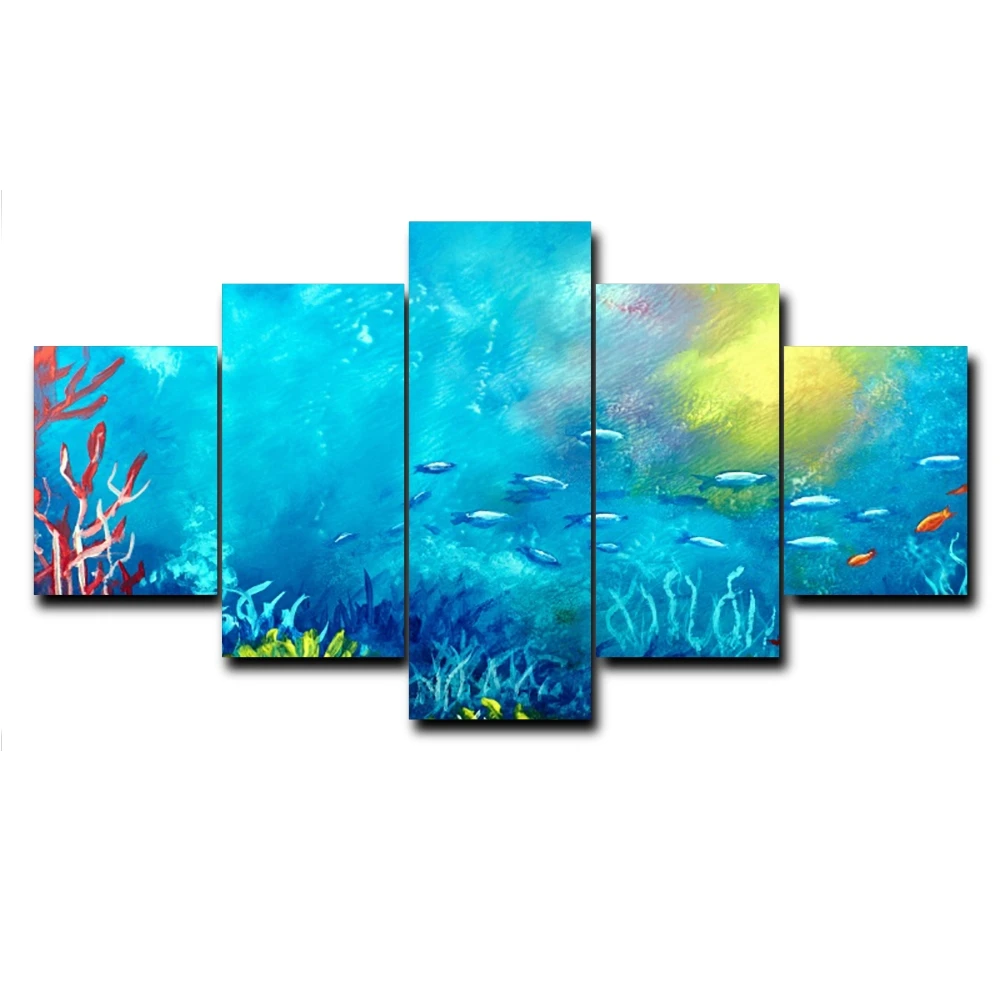 

5 Panel Modern Nordic Sea Fish Poster and Print Art Canvas Painting For Living Room Kids Room Decor Mural Wallpaper Frameless