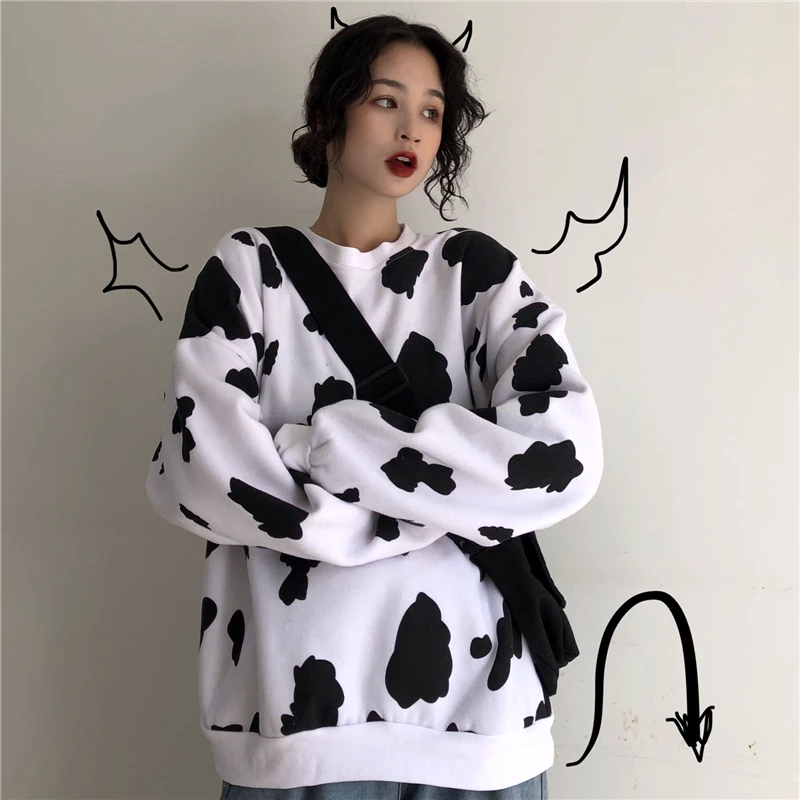 Харадзюку Толстовка Женская Осенняя с длинным рукавом Свободный О-образным вырезом теплый пуловер с принтом коровы уличная толстовка женская