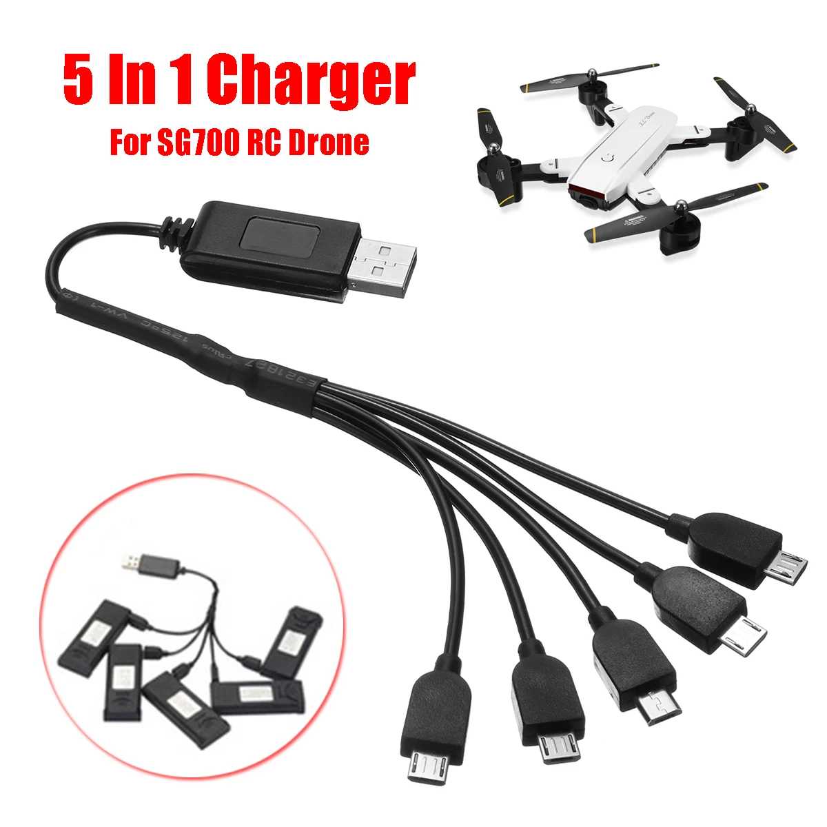 5 In 1 Multi Battery Charger USB Charging Connector Cable for SG700 RC Drone Plastic Black