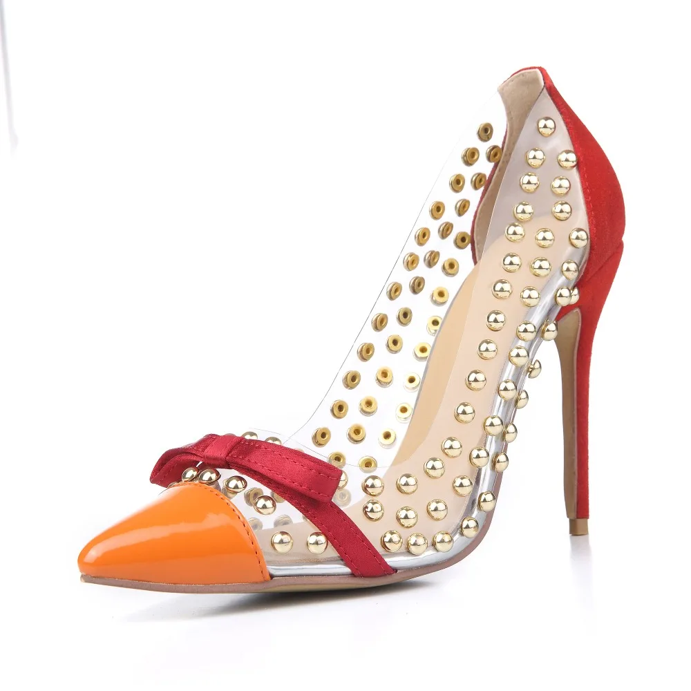 

Top Quality Women PVC Clear Pumps 12CM High Heels Gold Studs Cute Bowtie Sexy Pointed Toe Wedding Shoes Chaussure Femme