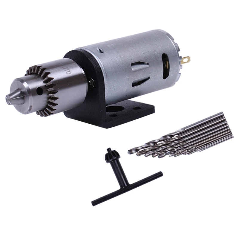 Mini Dc 12V Electric Motor Wood Pcb Hand Drill Press Drilling Set With 10Pc 0.5-3Mm Twist Bits And Jt0 Chucks Bracket Stand