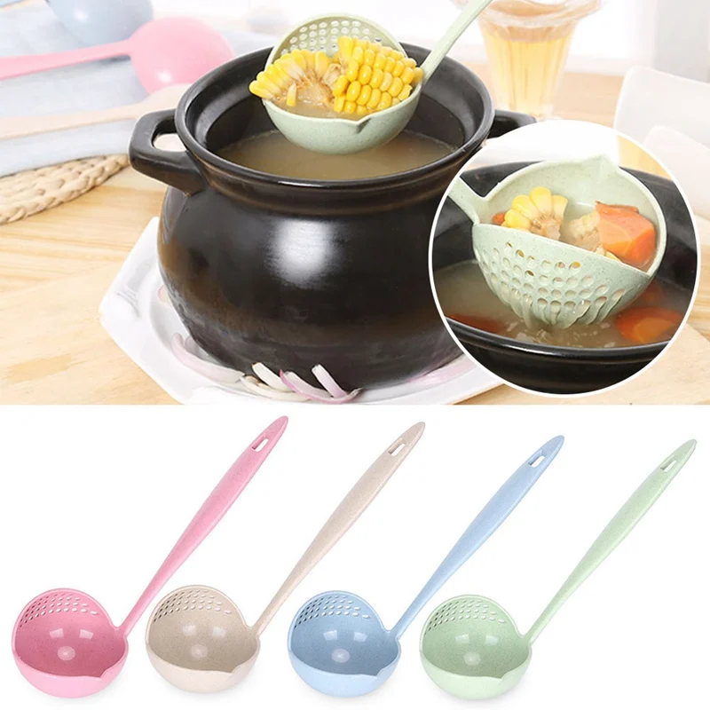 

Hot Selling 2 In 1 Long Handle Soup Spoon Home Strainer Cooking Colander Kitchen Scoop Plastic Ladle Tableware