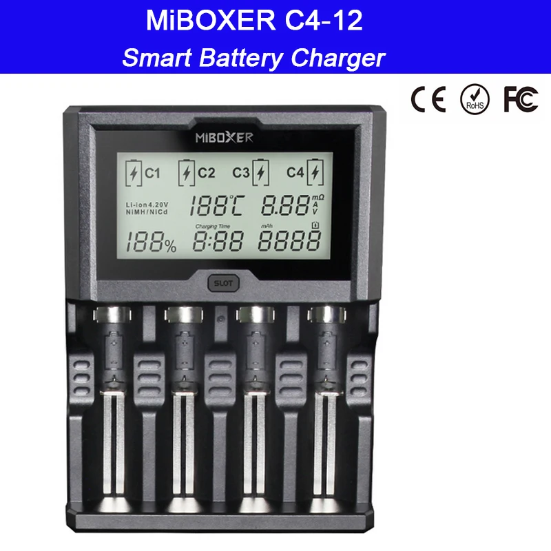 Miboxer C4-12 12A 4 слота ЖК-экран смарт-зарядное устройство для Li-ion/Ni-mh/Ni-Cd/LiFePO4 18650 14500 26650 AAA AA батареи