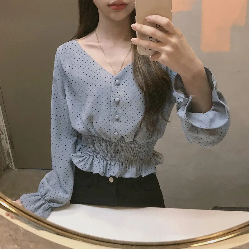 Vintage Women V-neck Flare Sleeve Polka Dot Shirts Elegant Front Buttons Tie Waist Ruffles Blouses