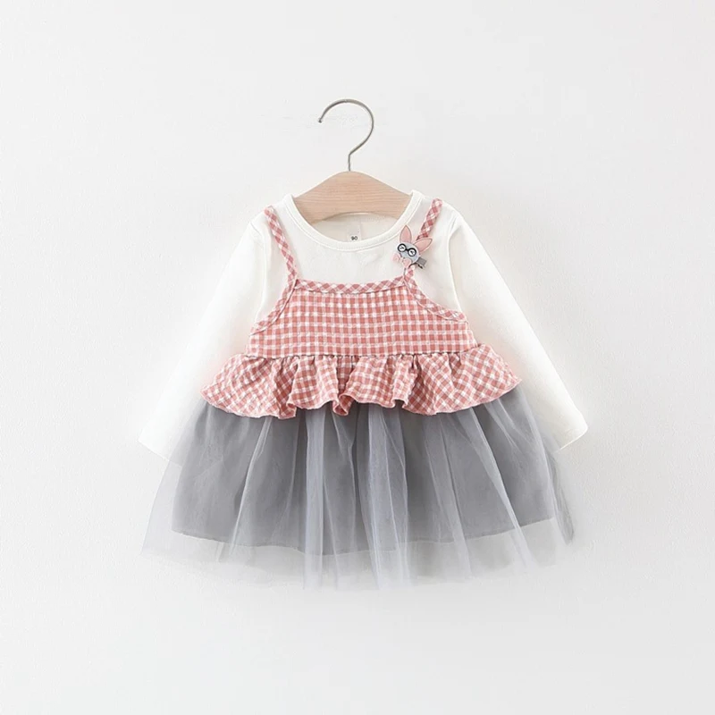 Pink Autumn Girls Princess Dress Children Kids Baby Infants Long Sleeve Ruffle Plaid Mesh Faux Two Piece Party Dresses Vestidos WT614 - Цвет: Pink