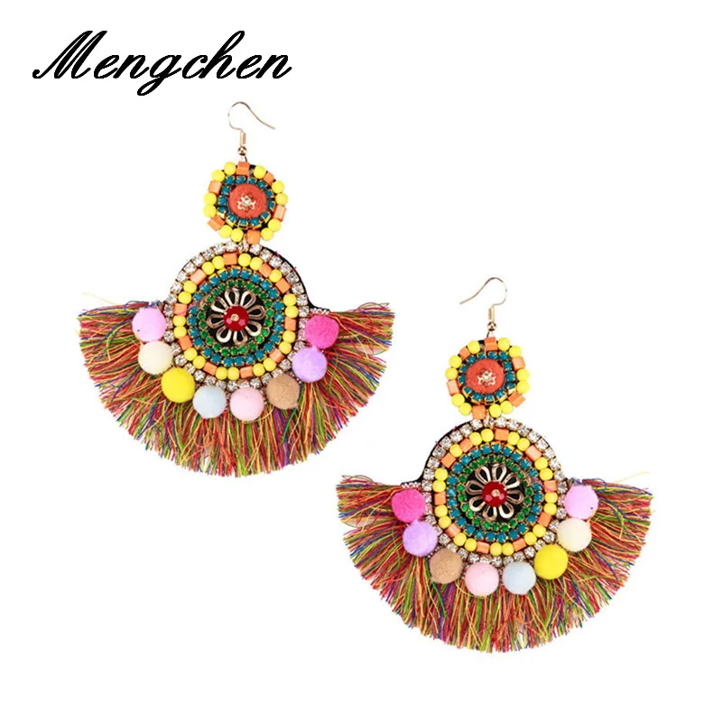 Multi Colored Fashion Statement Jewelry Women Cotton Ball Long Earrings
