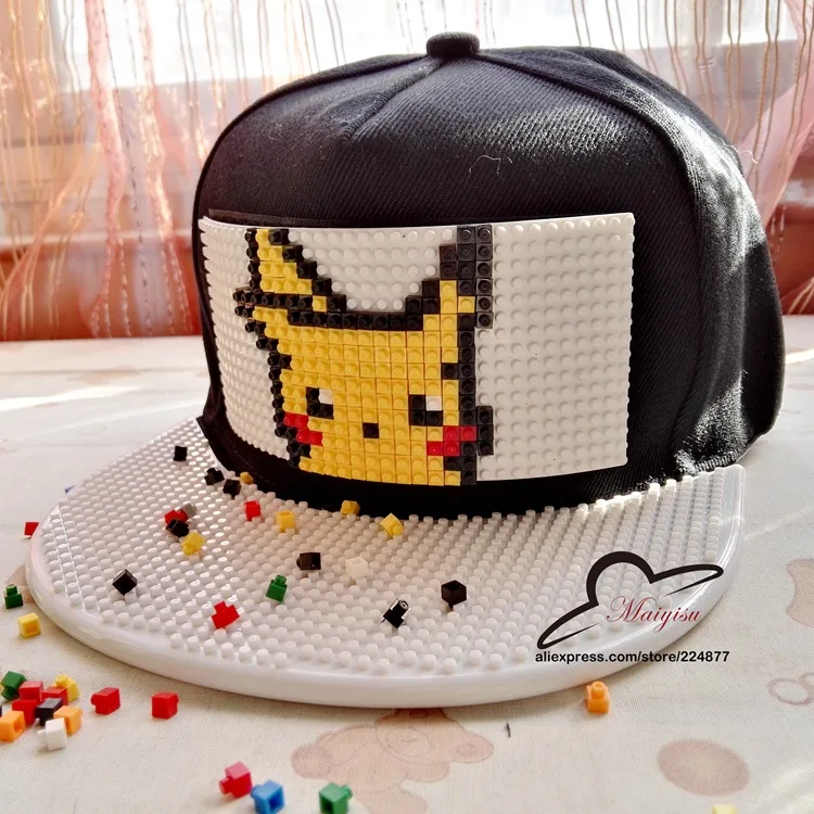 Günstige Pokemon Gehen Ziegel Pikachu Snap Zurück Baseball Cap Hip Hop Hut Snapback Hut Für Männer Frauen Kappe Abnehmbar blöcke gebäude