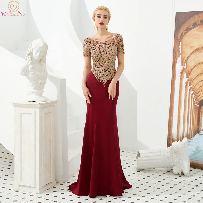 

Vintage Dark Red Mother Of The Bride Dresses Gorgeous Appliques Scoop Neck Mermaid Short Sleeve Formal Party Evening Gowns 2019