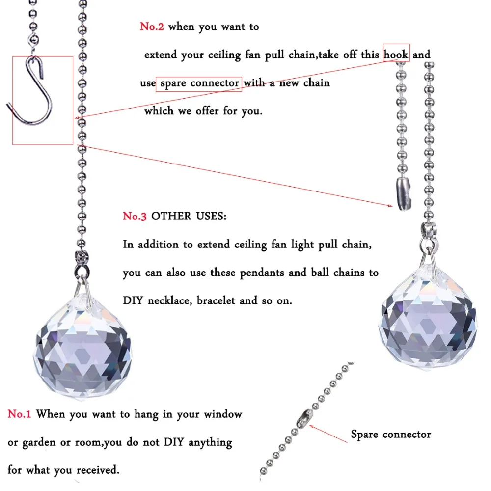 H&D 4Pcs Crystal Prisms Charm Pendant Ceiling Fan Pull Chain Extender with Ball Chain Connector Home Wedding Decor