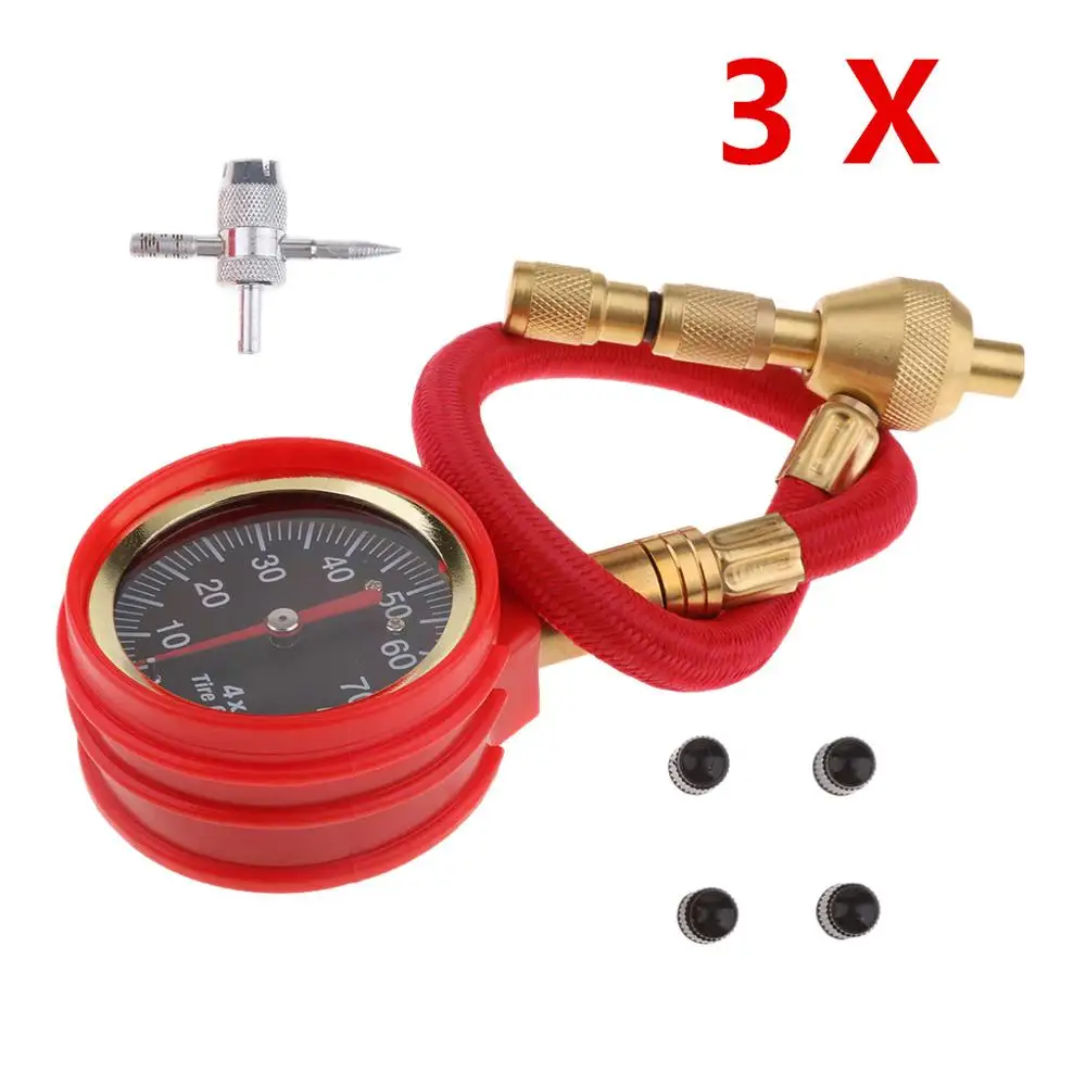 

3 Set Mechanical Rapid Tyre/Tire Deflator Air Deflators & Pressure Gauge Valve Box Kit with 4 Valve Red 0-70psi