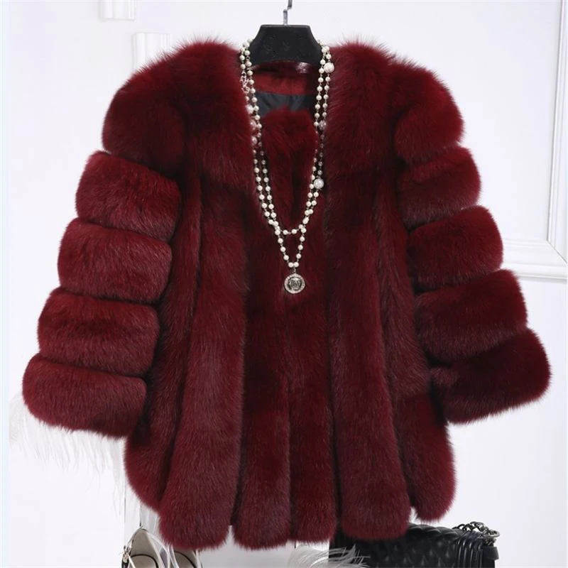 Для женщин зимнее теплое пальто с воротником из искусственного меха лисы Женская облегающая юбка большого Размеры 4XL куртки женские Вечеринка Искусственный мех пальто Manteau Fourrure X66 - Цвет: jiu hong se