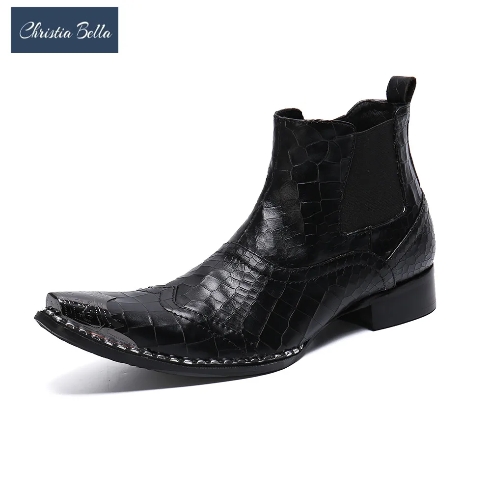 

Christia Bella Fashion Large Size Winter Boots Motorcycle Genuine Leather Man Boots Pointed Toe British Style Snake Skin Boots