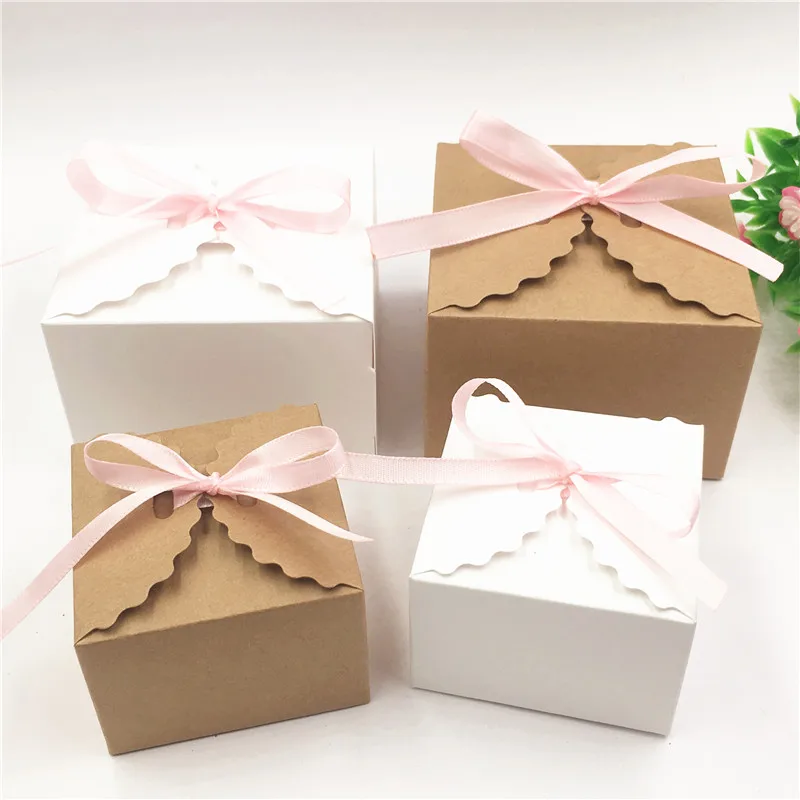 

100pcs pure white and natural kraft candy packing gift box for cake/jewelry/petal /cherry/sugar/tea wtih pink ribbon