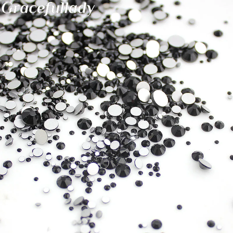 Mix Sizes Jet 1000pcs Nail Rhinestones, Flat Back Non Hotfix Glitter Nail Stones,DIY 3d Nail Phones Decorations Supplies Black 2016 new arrive 2 6mm light purple resin rhinestones non hotfix glitter beauty bead for nails art backpack diy design decoration