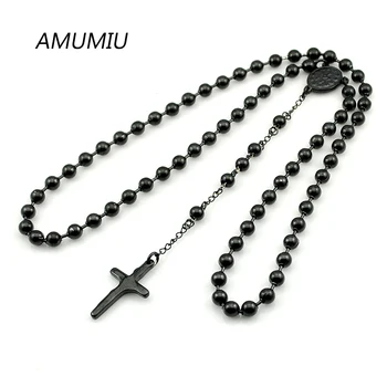 

AMUMIU 8mm,60cm men rosary beads necklace Stainless steel Black/Gold/Steel Color Religion of Jesus,women cross jewelry HZN087