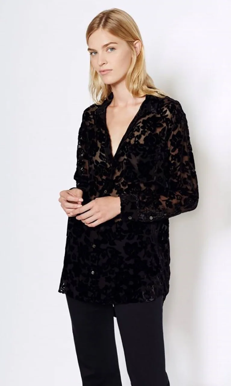 

Classic silk velvet floral sheer shirt rose long-sleeve shirt