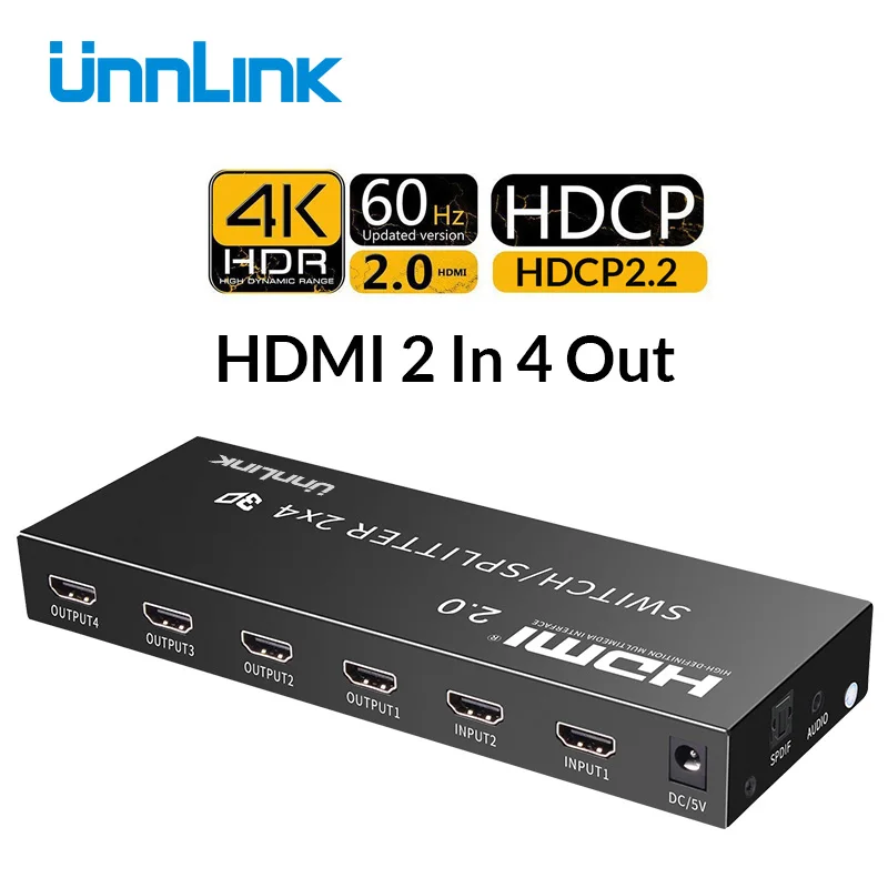 

Unnlink HDMI 2.0 2 In 2/4 Out HDMI Switch Splitter 2x2/4 Optical 3.5mm Audio HDCP2.2 4K@60Hz HDR for TV projector ps4 xbox