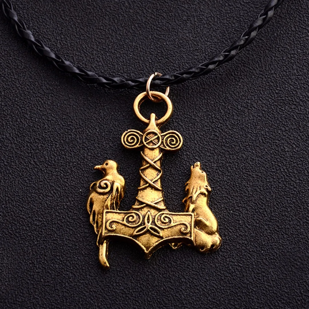 Nordic Viking Wolf & Raven Bird Ancient Jewelry Black Leather Necklace