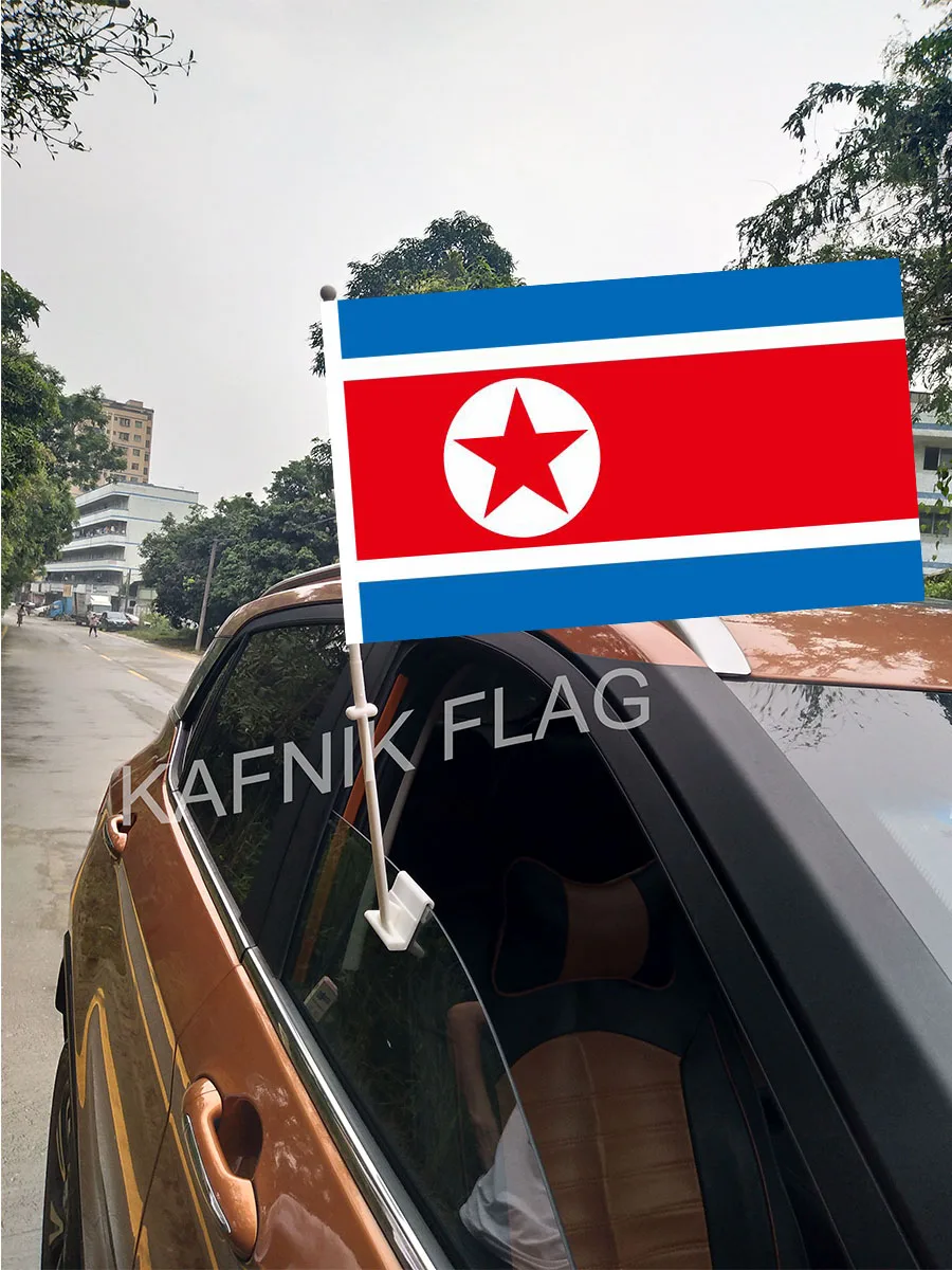 

KAFNIK,30*45CM north korea Window Car Flags and Banners Countries World Custom Flags with 43/52cm flagpole for car decoration