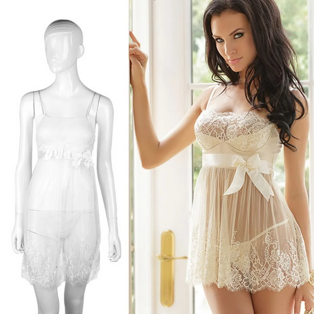 

Women's Sexy White Lace Lingerie Loose Dress healthy sleep Underwear Perspective dress Nightwear Sleepwear Babydoll+ G-String